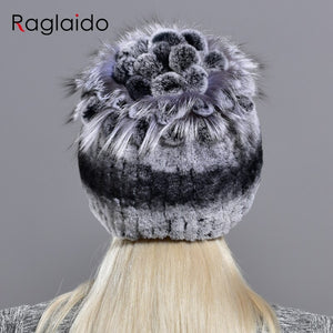 Raglaido Fur Hats for Women Winter Real Rex Rabbit Hat Fox fur kniting female warm snow caps ladies elegant princess beanies cap