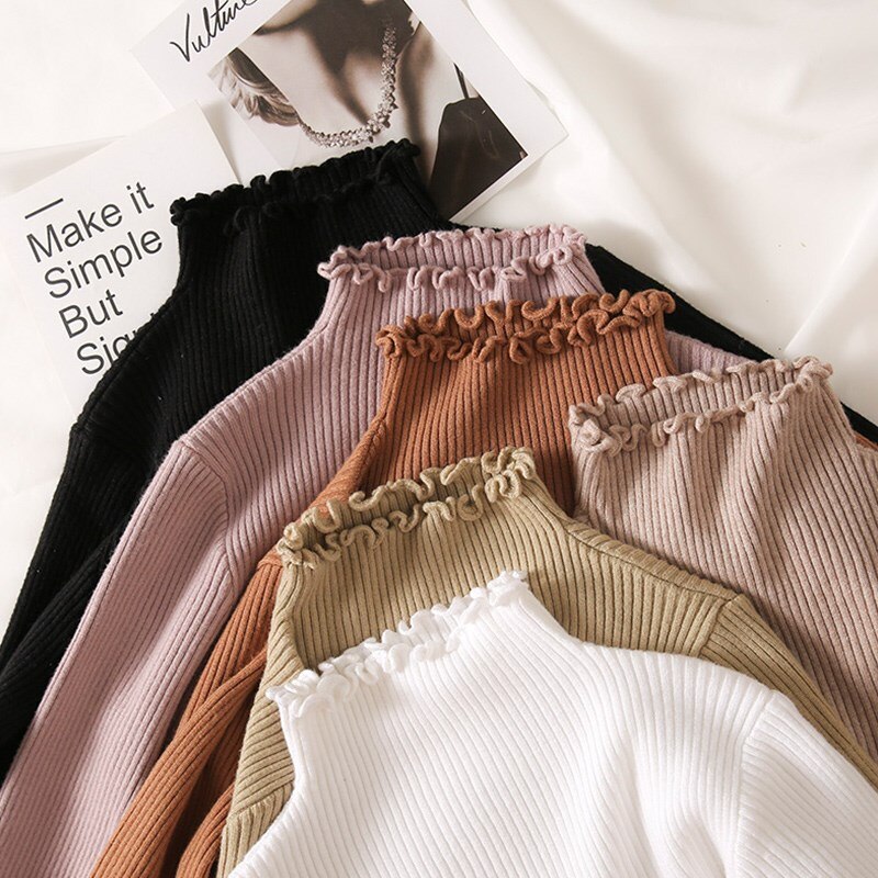 Turtleneck Ruched Women Sweater High Elastic Solid 2020 Fall Winter Fashion Sweater Women Slim Sexy Knitted Pullovers Pink White
