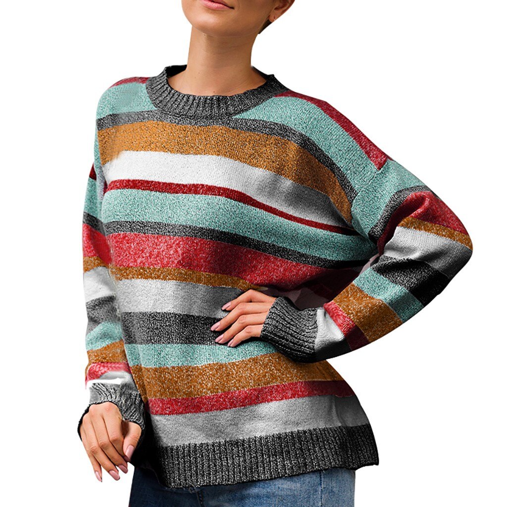 women pullover sweater Plus Size Women Knitted Patchwork Stripe Long Sleeve O-Neck Sweater Top chandail femme свитер зима#XB40