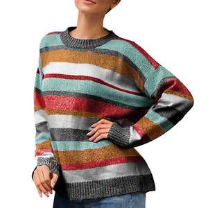 women pullover sweater Plus Size Women Knitted Patchwork Stripe Long Sleeve O-Neck Sweater Top chandail femme свитер зима#XB40
