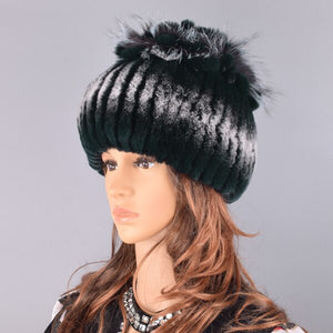 Raglaido Fur Hats for Women Winter Real Rex Rabbit Hat Fox fur kniting female warm snow caps ladies elegant princess beanies cap