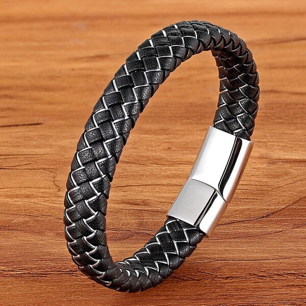 New Men Jewelry Punk Black Blue Braided Leather Bracelet for Men Stainless Steel Magnetic Clasp Fashion Bangles Gifts 6 Colors