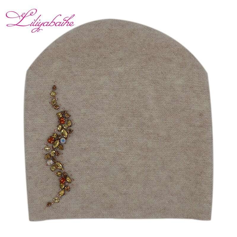 LILIYABAIHE Women Autumn And Winter Hat angora Knitted Skullies Beanies Cap Sexy beard diamond decoration hats for Girls
