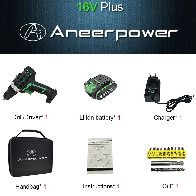 25V 21V 16V 12V Plus Double Speed Electric Drill Cordless Hand Drill Mini Electric Screwdriver Rechargable Lithium Battery Drill