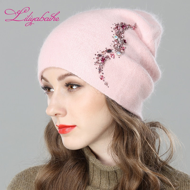 LILIYABAIHE Women Autumn And Winter Hat angora Knitted Skullies Beanies Cap Sexy beard diamond decoration hats for Girls