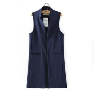 Aelegantmis Stand Collar Fashion Black Blazer Vest Women Long Waistcoat OL Elegant Cardigan Sleeveless Coat Ladies Back Slit