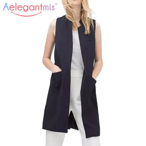 Aelegantmis Stand Collar Fashion Black Blazer Vest Women Long Waistcoat OL Elegant Cardigan Sleeveless Coat Ladies Back Slit