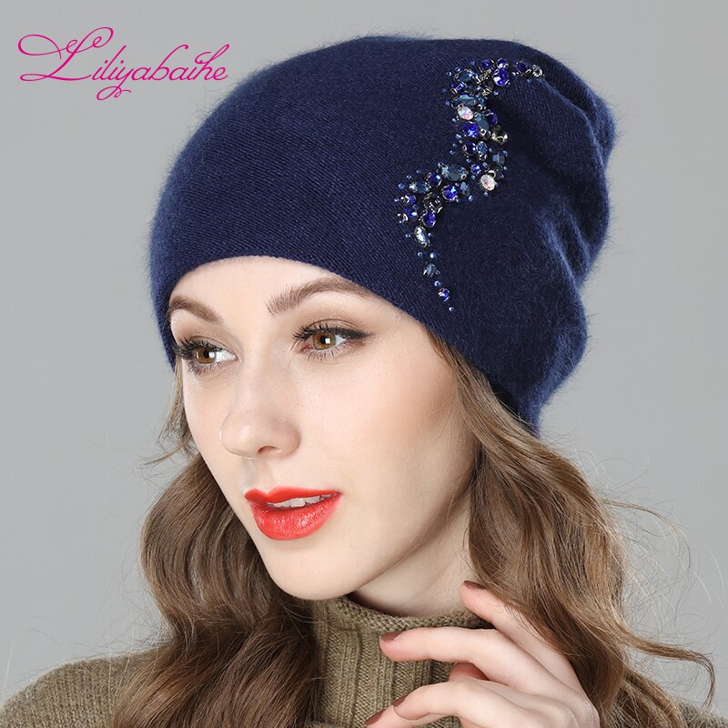 LILIYABAIHE Women Autumn And Winter Hat angora Knitted Skullies Beanies Cap Sexy beard diamond decoration hats for Girls