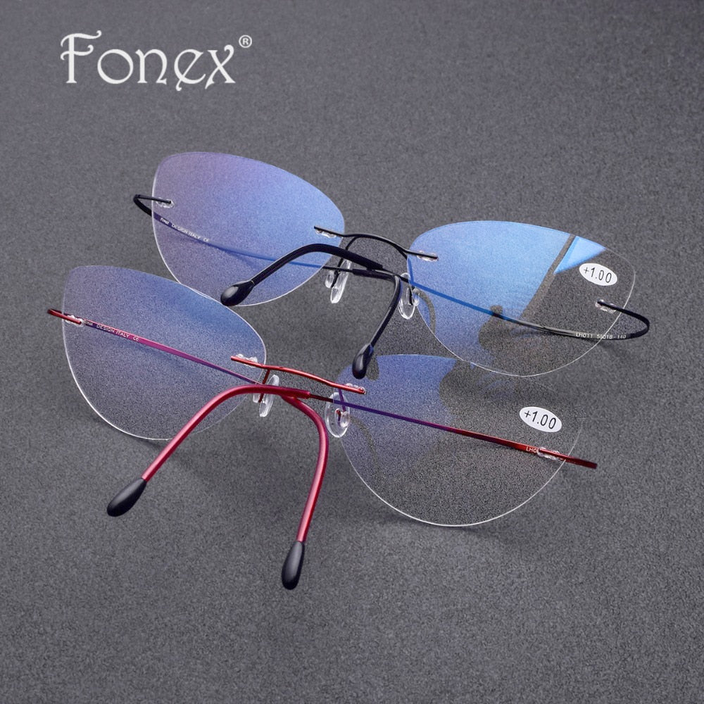 FONEX Rimless Reading Glasses Frame Titanium Women Ultralight Cat Eye Presbyopic Hyperopia Reader Frameless +1.0 +1.5 +2.0 +2.5