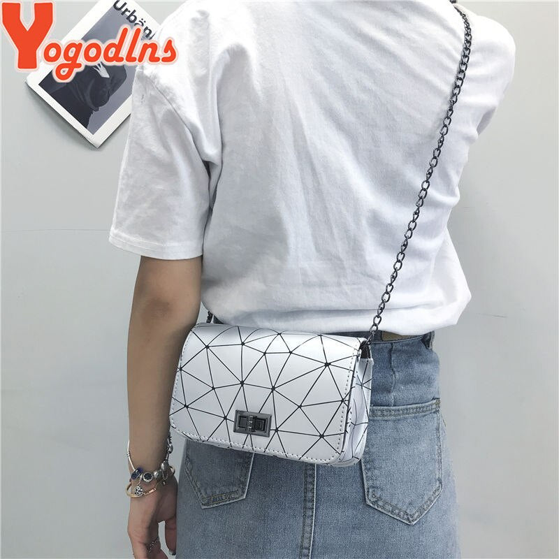 Yogodlns New Fashion Diamond Chain Black Purse Women Shoulder Bag Plaid Lady Mini Crossbody Bag PU Leather Lock Flap Handbag