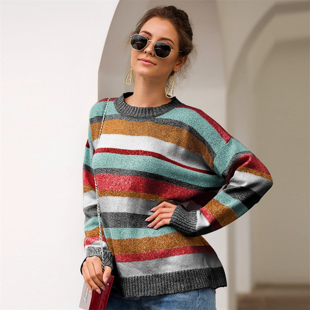women pullover sweater Plus Size Women Knitted Patchwork Stripe Long Sleeve O-Neck Sweater Top chandail femme свитер зима#XB40
