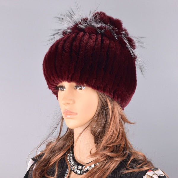 Raglaido Fur Hats for Women Winter Real Rex Rabbit Hat Fox fur kniting female warm snow caps ladies elegant princess beanies cap