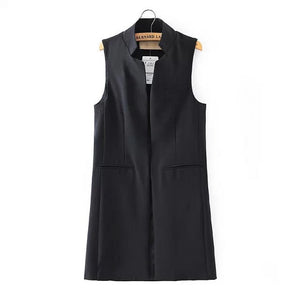 Aelegantmis Stand Collar Fashion Black Blazer Vest Women Long Waistcoat OL Elegant Cardigan Sleeveless Coat Ladies Back Slit