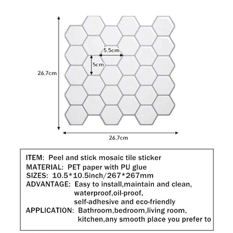 Hexagon Off White Vinyl Sticker Self Adhesive Wallpaper 3D Peel and Stick Square Wall Tiles for Kitchen and Bathroom Backsplash