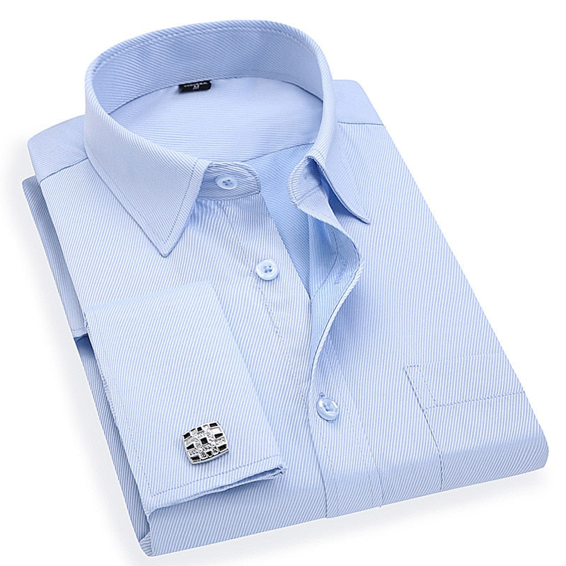 Men French Cufflinks Shirt 2020 New Men's Stripes Shirt Long Sleeve Casual Male Brand Shirts Slim Fit French Cuff Dress Shirts