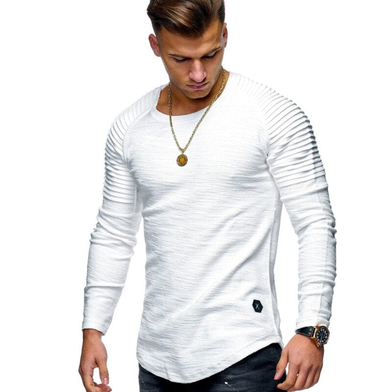 Hot 2020 Solid Color Sleeve Pleated Patch Detail Long Sleeve T-Shirt Men Spring Casual Tops Pullovers Fashion Slim Basic Tops
