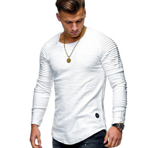 Hot 2020 Solid Color Sleeve Pleated Patch Detail Long Sleeve T-Shirt Men Spring Casual Tops Pullovers Fashion Slim Basic Tops