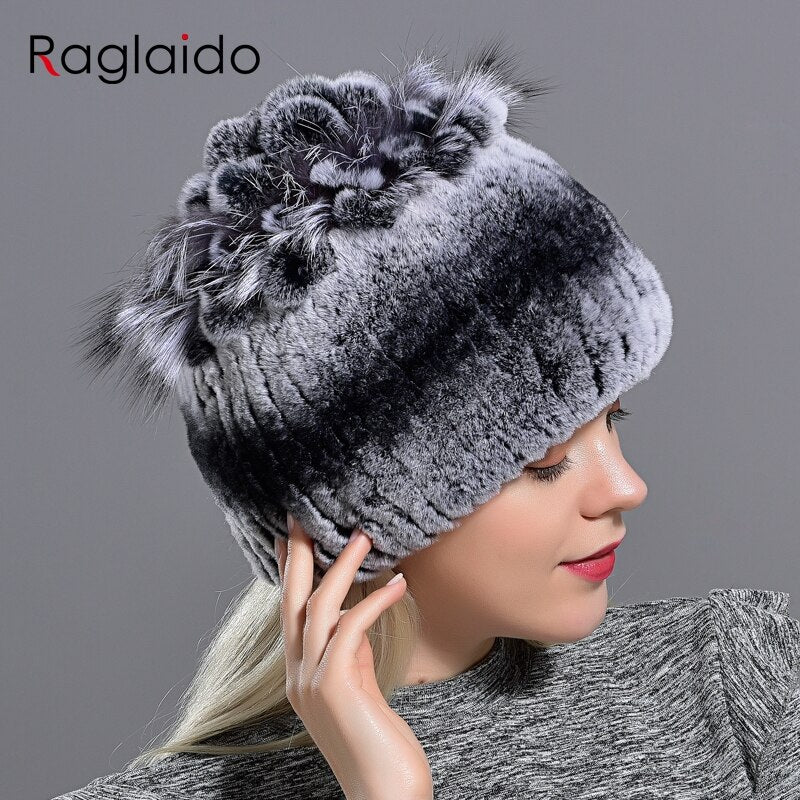 Raglaido Fur Hats for Women Winter Real Rex Rabbit Hat Fox fur kniting female warm snow caps ladies elegant princess beanies cap