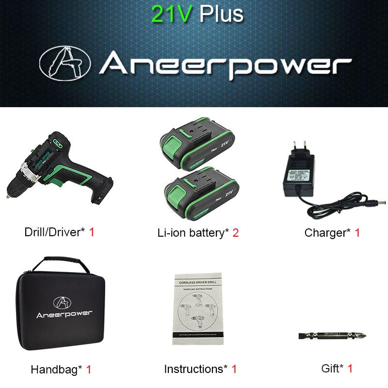 25V 21V 16V 12V Plus Double Speed Electric Drill Cordless Hand Drill Mini Electric Screwdriver Rechargable Lithium Battery Drill