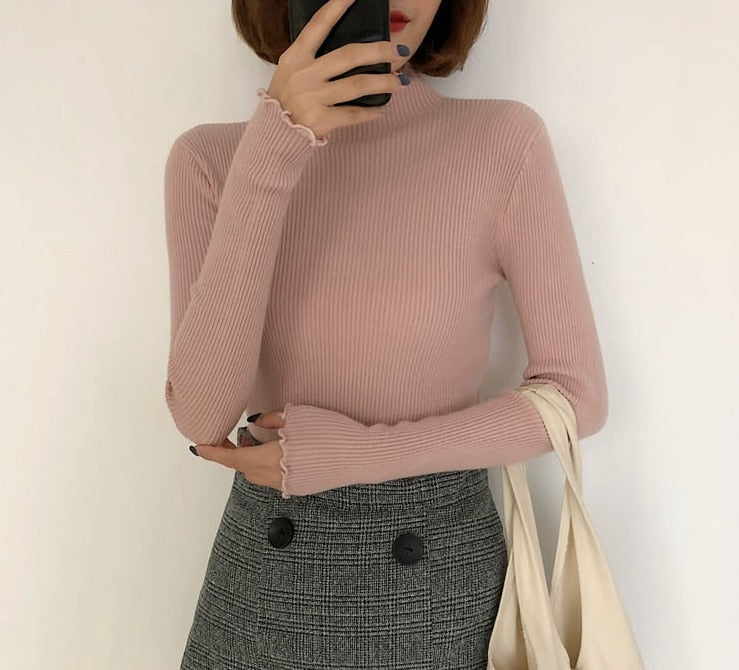 Turtleneck Ruched Women Sweater High Elastic Solid 2020 Fall Winter Fashion Sweater Women Slim Sexy Knitted Pullovers Pink White