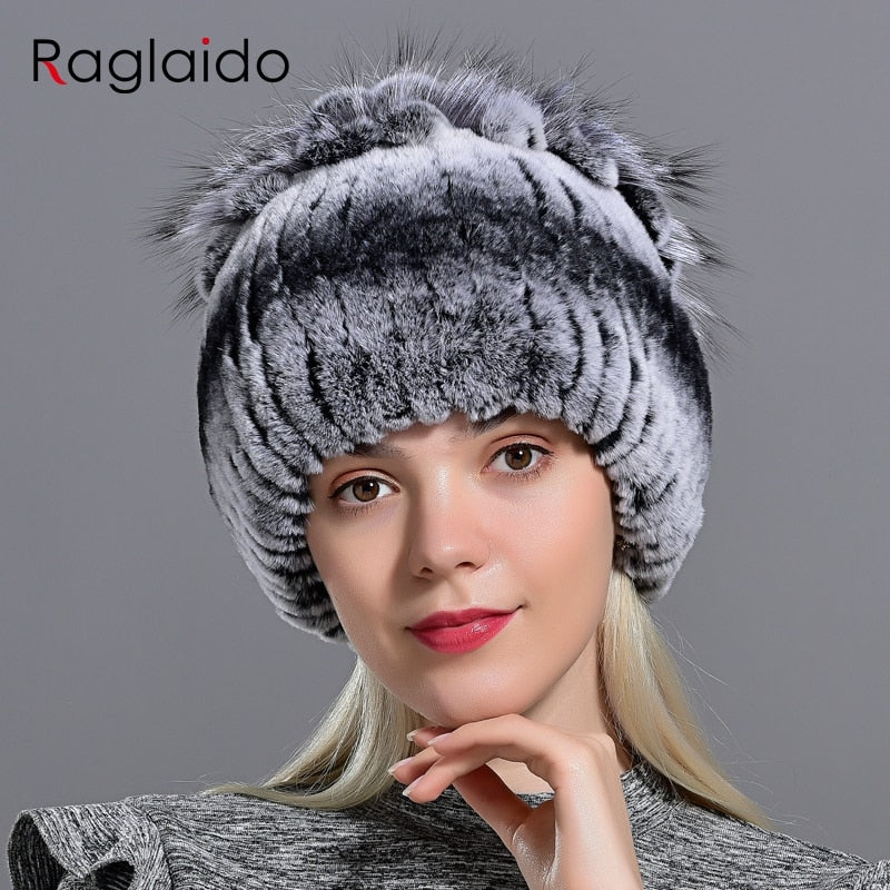 Raglaido Fur Hats for Women Winter Real Rex Rabbit Hat Fox fur kniting female warm snow caps ladies elegant princess beanies cap