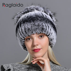 Raglaido Fur Hats for Women Winter Real Rex Rabbit Hat Fox fur kniting female warm snow caps ladies elegant princess beanies cap