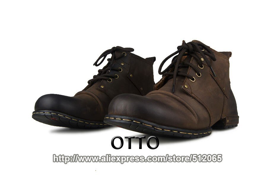 OTTO Top Quality Handmade High Shoes Boots Rivet Spring Boots With Fur Genuine Cow Leather Men's Fashion Shoes Free Shipping