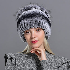 Raglaido Fur Hats for Women Winter Real Rex Rabbit Hat Fox fur kniting female warm snow caps ladies elegant princess beanies cap