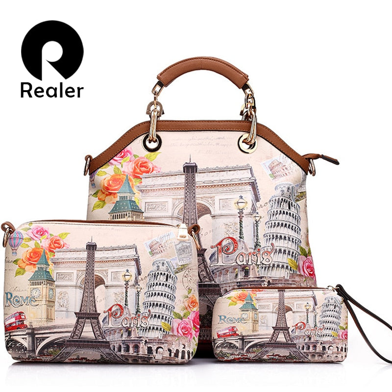 REALER woman 3 pcs printed handbag women large tote bag artificial leather shoulder messenger bags female small coin purse