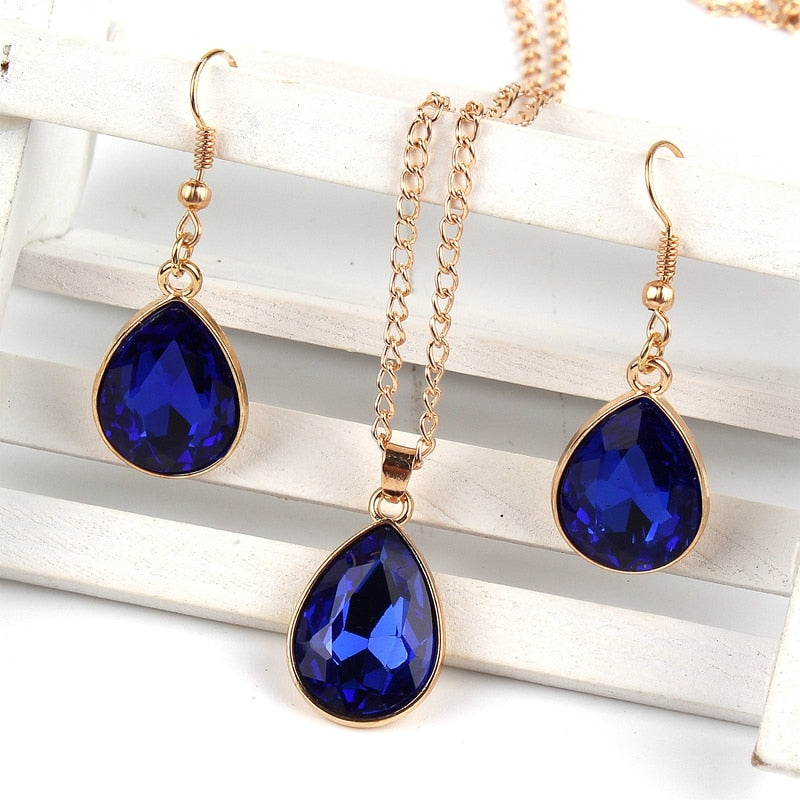 1 set Rose Gold Water drop Pendant Necklace & earrings Fashion Jewelry blue