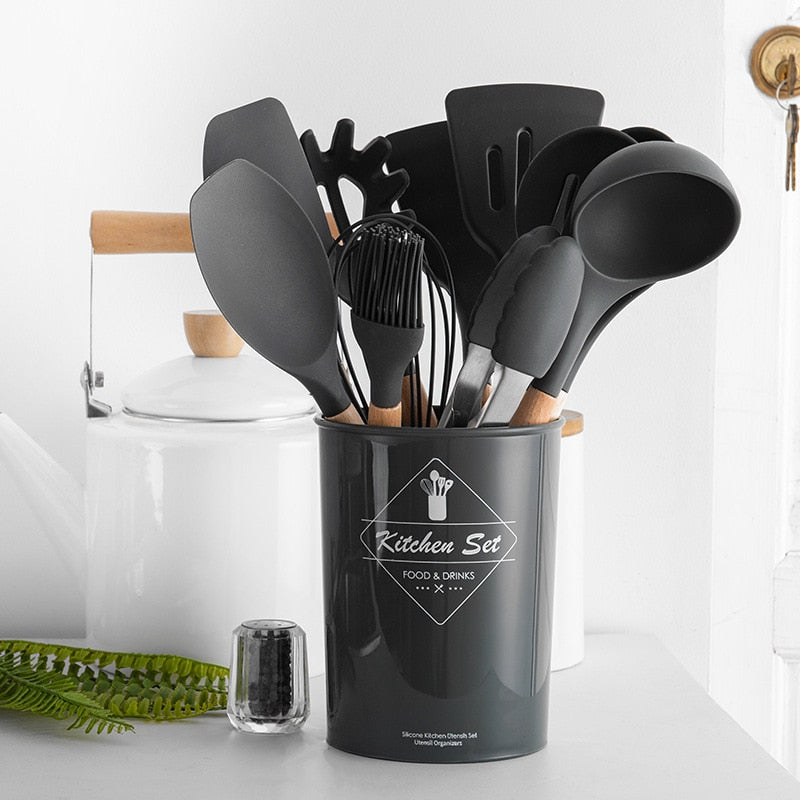 Silicone Kitchenware Cooking Utensils Set Heat Resistant Kitchen Non-Stick Cooking Utensils Baking Tools With Storage Box Tools
