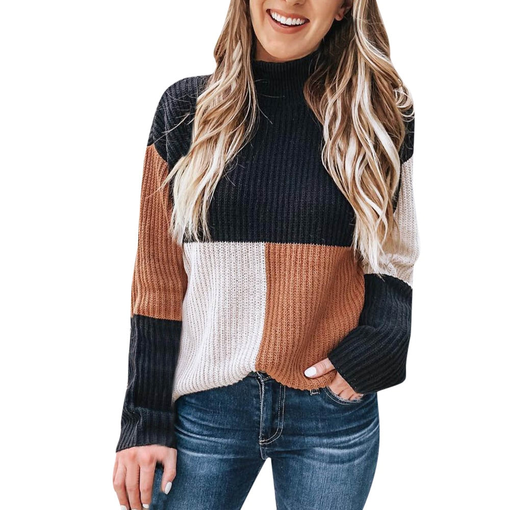 Hxroolrp Women Colorblock Stand Long Sleeve Knitted Sweater Jumper Pullover Top Blouse Chandail Femme Pullover Amazing 20