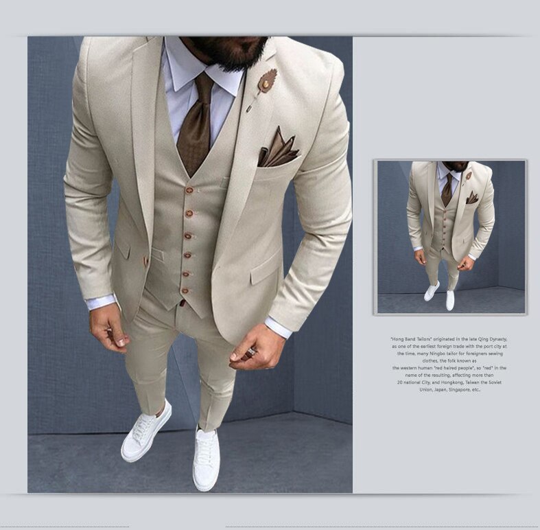 Latest Coat Pant Designs Beige Men Suit Prom Tuxedo Slim Fit 3 Piece Groom Wedding Suits For Men Custom Blazer Terno Masuclino