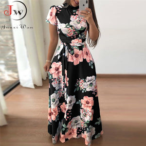Women Summer Maxi Dress 2021 Casual Short Sleeve Boho Floral Print Long Dress Turtleneck Bandage Elegant Party Dresses Vestidos