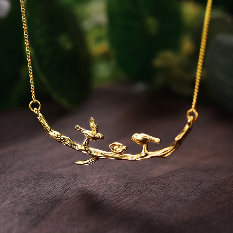 Lotus Fun Real 925 Sterling Silver Handmade Designer Fine Jewelry Cute Bird on Branches Necklace with Pendant for Women Collier