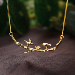 Lotus Fun Real 925 Sterling Silver Handmade Designer Fine Jewelry Cute Bird on Branches Necklace with Pendant for Women Collier