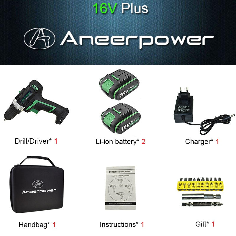 25V 21V 16V 12V Plus Double Speed Electric Drill Cordless Hand Drill Mini Electric Screwdriver Rechargable Lithium Battery Drill
