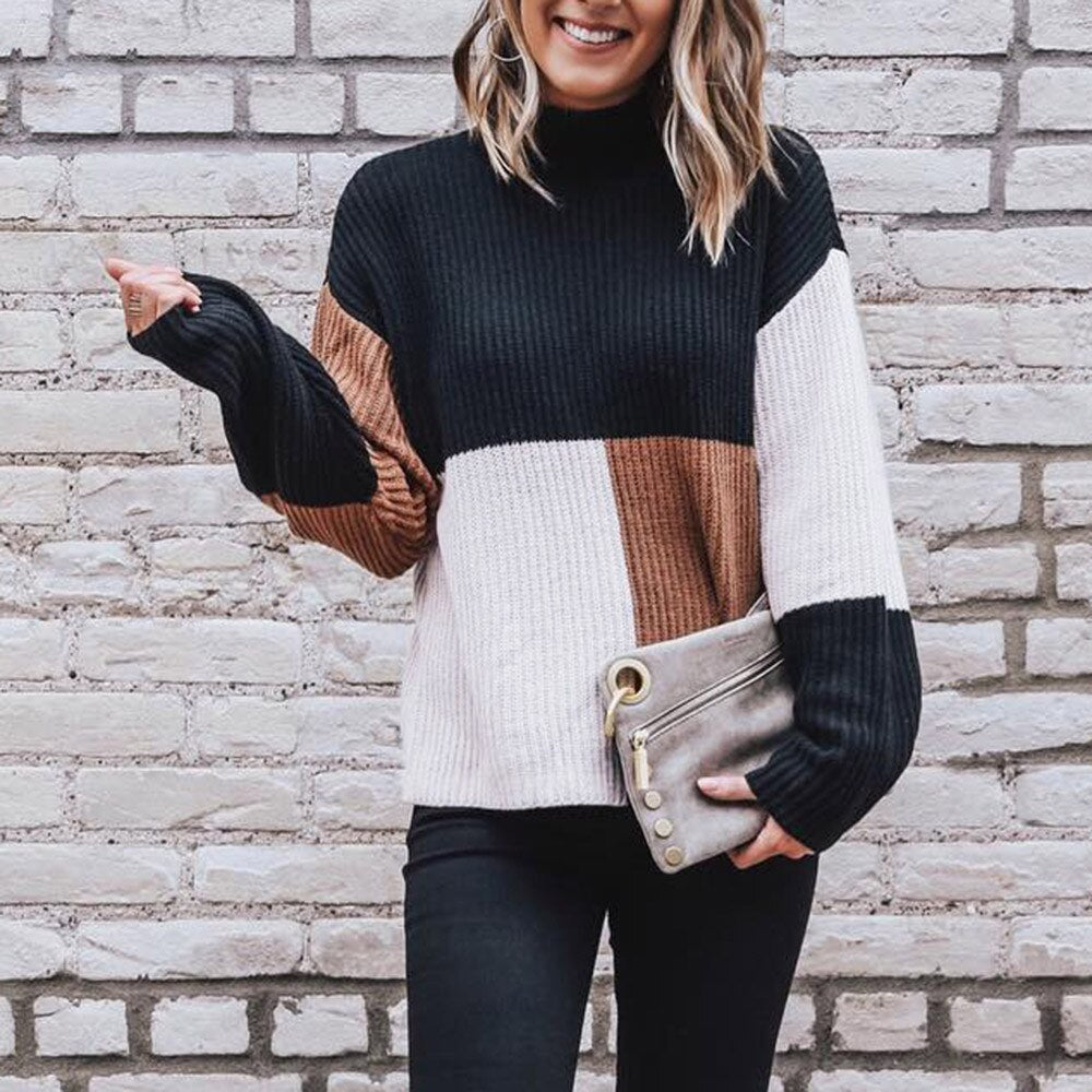 Hxroolrp Women Colorblock Stand Long Sleeve Knitted Sweater Jumper Pullover Top Blouse Chandail Femme Pullover Amazing 20