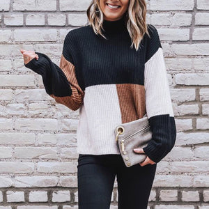 Hxroolrp Women Colorblock Stand Long Sleeve Knitted Sweater Jumper Pullover Top Blouse Chandail Femme Pullover Amazing 20