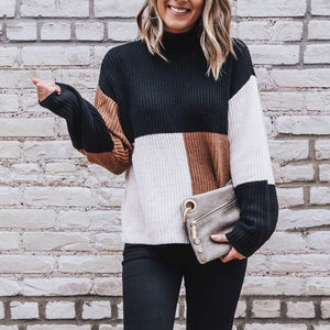 Hxroolrp Women Colorblock Stand Long Sleeve Knitted Sweater Jumper Pullover Top Blouse Chandail Femme Pullover Amazing 20