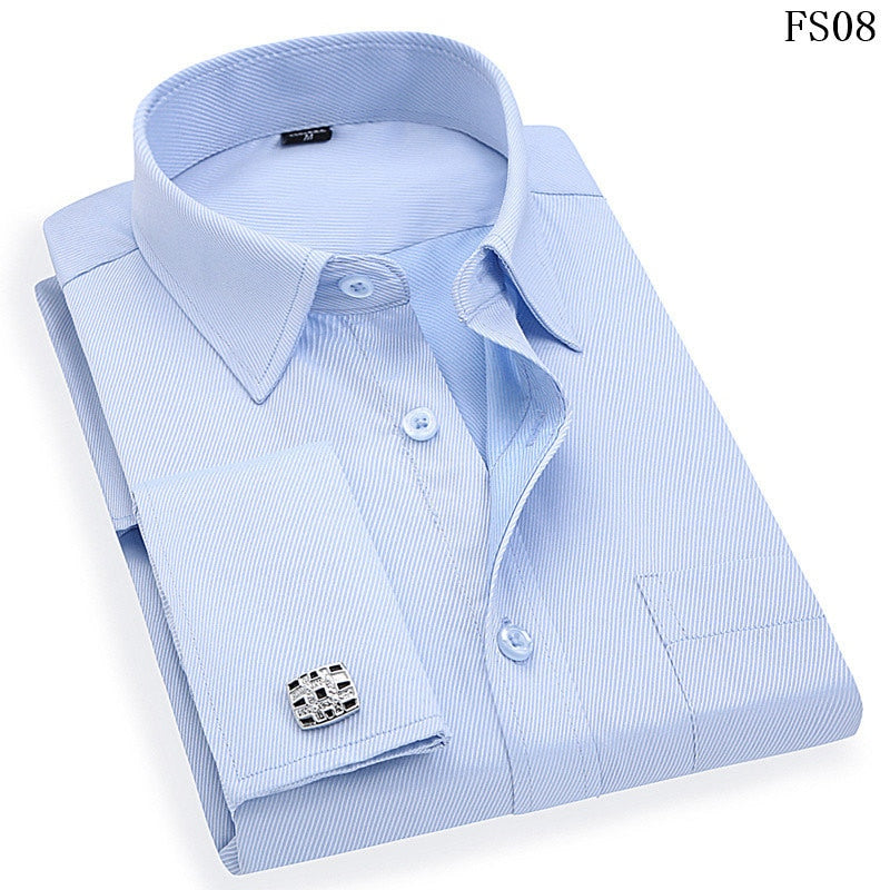Men French Cufflinks Shirt 2020 New Men's Stripes Shirt Long Sleeve Casual Male Brand Shirts Slim Fit French Cuff Dress Shirts