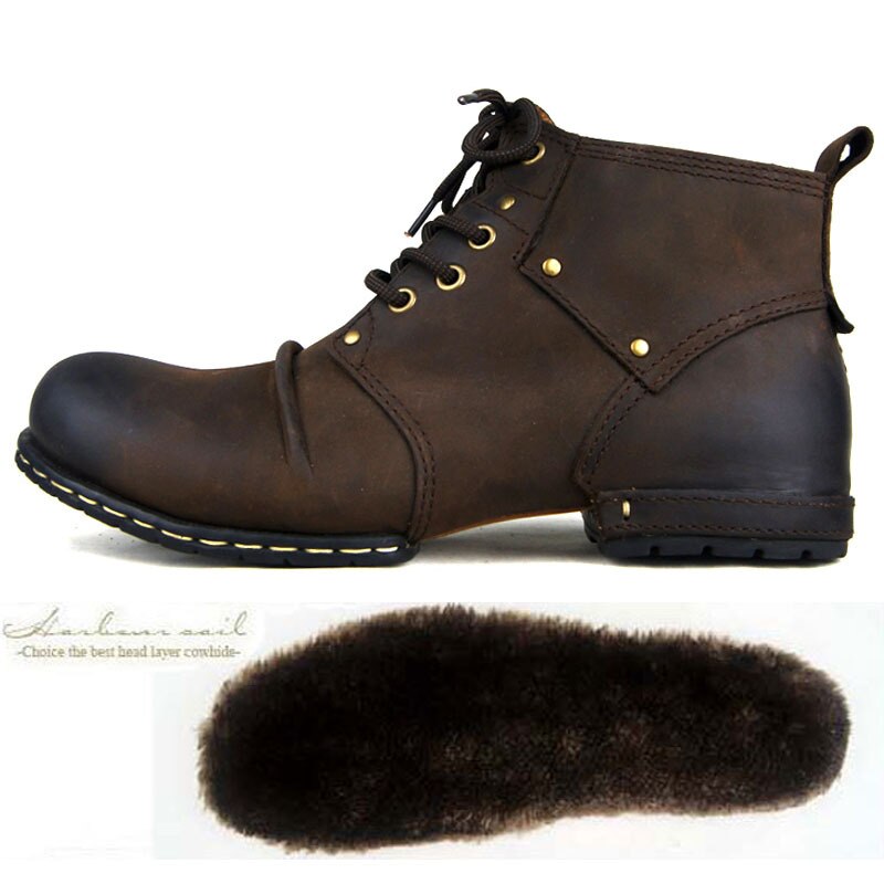 OTTO Top Quality Handmade High Shoes Boots Rivet Spring Boots With Fur Genuine Cow Leather Men's Fashion Shoes Free Shipping