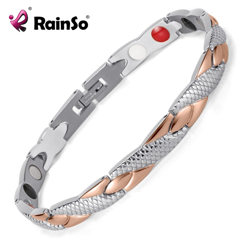 Rainso Stainless Steel Magnetic Bracelets & Bangles Healing Bio Charm Bracelets For Women Rose Gold Polished OSB-692SRGFIR