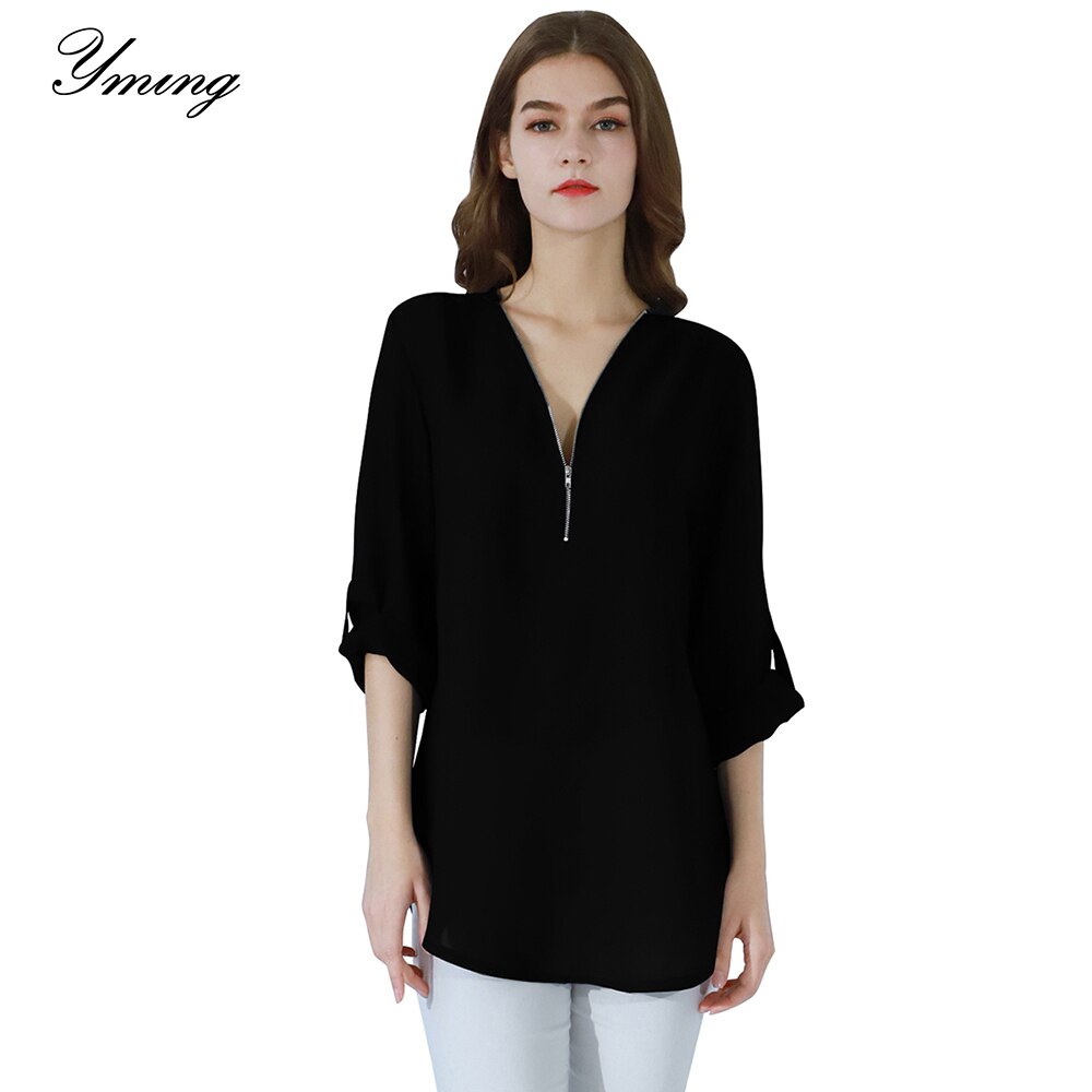 YMING Fashion Ladies Top Zipper Chiffon Top Office Casual Ladies Top Summer Ladies Top Long Sleeve Shirt Solid Color Blusas