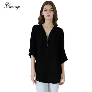 YMING Fashion Ladies Top Zipper Chiffon Top Office Casual Ladies Top Summer Ladies Top Long Sleeve Shirt Solid Color Blusas