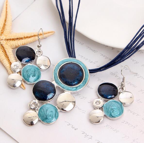 Fashion Brand Jewelry Sets Blue Rope Chain Round Beads Pendant Necklace Drop Earring High Quality Free Shipping Wedding Jewelry