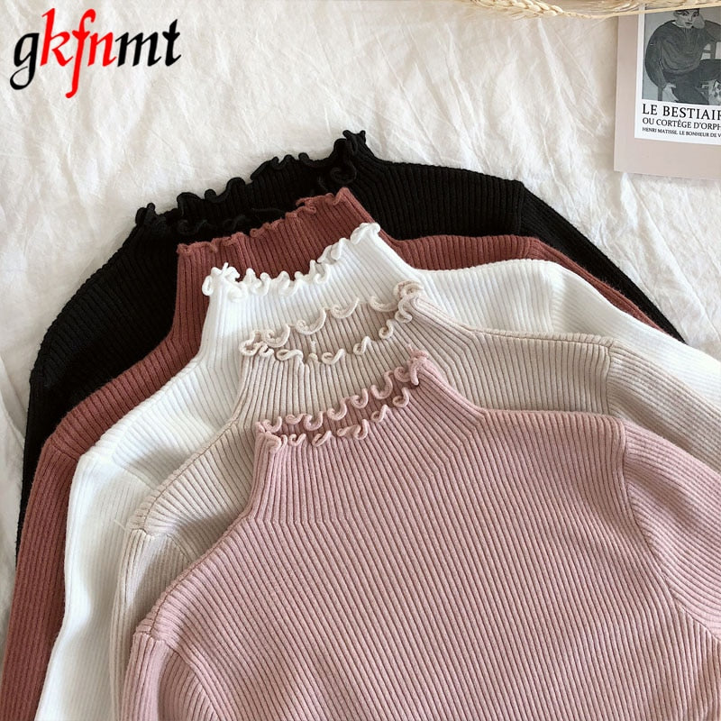 Turtleneck Ruched Women Sweater High Elastic Solid 2020 Fall Winter Fashion Sweater Women Slim Sexy Knitted Pullovers Pink White