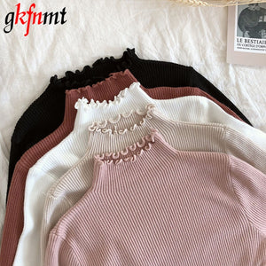 Turtleneck Ruched Women Sweater High Elastic Solid 2020 Fall Winter Fashion Sweater Women Slim Sexy Knitted Pullovers Pink White