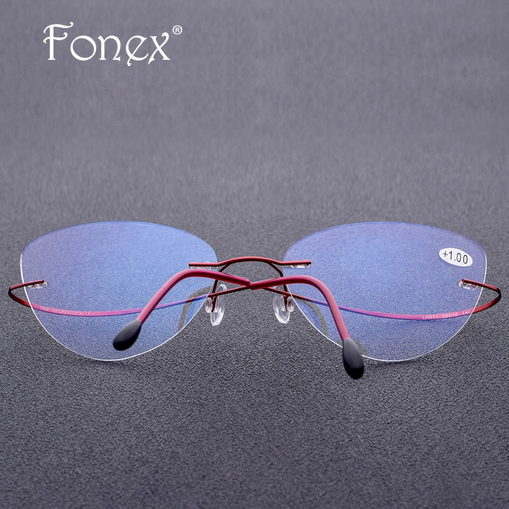 FONEX Rimless Reading Glasses Frame Titanium Women Ultralight Cat Eye Presbyopic Hyperopia Reader Frameless +1.0 +1.5 +2.0 +2.5