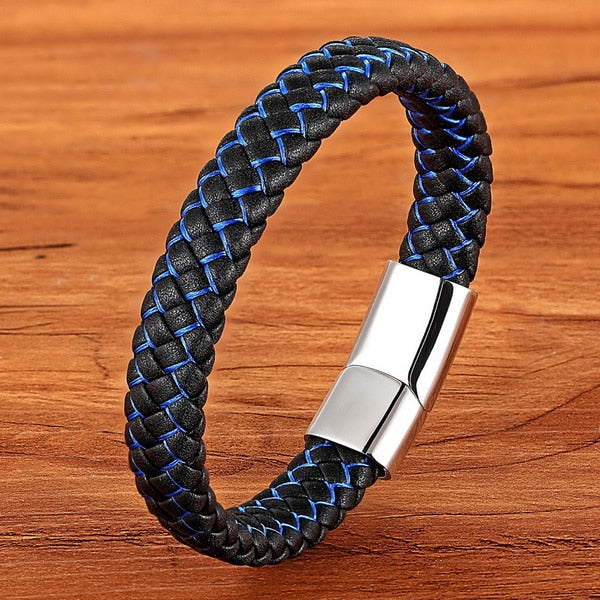 New Men Jewelry Punk Black Blue Braided Leather Bracelet for Men Stainless Steel Magnetic Clasp Fashion Bangles Gifts 6 Colors